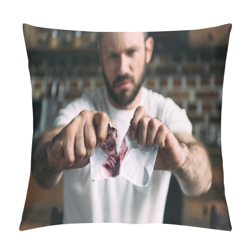 Personality  Close-up Shot Of Angry Young Man Tearing Photo Of Ex-girlfriend Pillow Covers