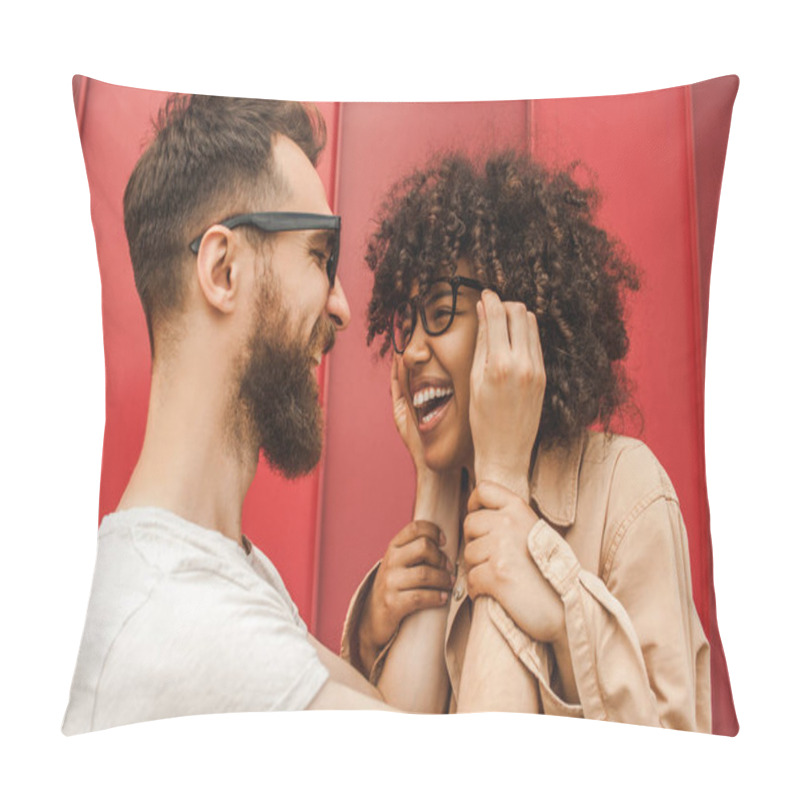 Personality  Happy Young Interracial Couple In Eyeglasses Having Fun Together On Street Pillow Covers