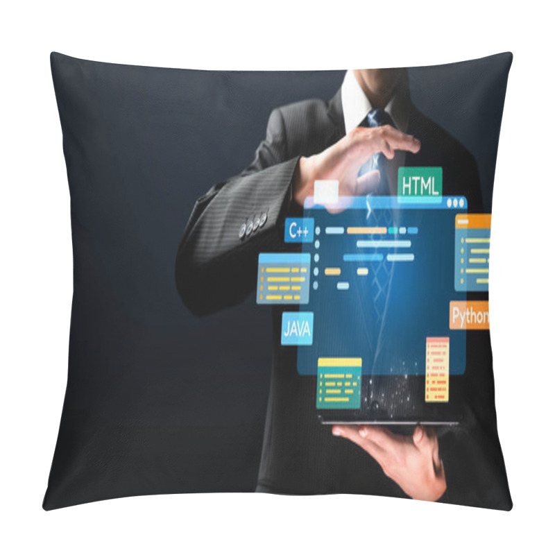 Personality  Software Developer Or Programmer Work With Coding Digital Overlays Of Various Programming Languages Like HTML, Python, Java, And C EIDE For New Application Mobile Phone Development Pillow Covers