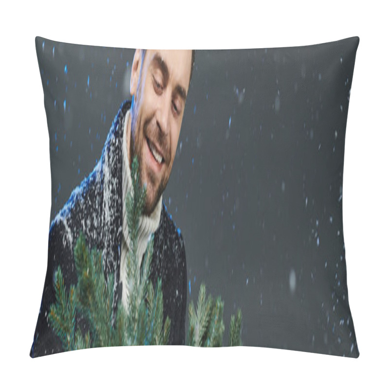 Personality  Snowflakes Dance Around A Smiling Young Man Gathering Vibrant Green Branches On A Winter Day. Pillow Covers