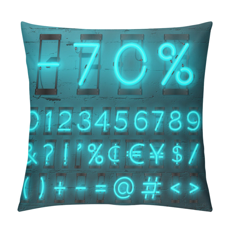 Personality  Neon Light Alphabet Vector Font. Numbers And Punctuation Marks. Neon Tube Letters On Brick Wall Background Pillow Covers