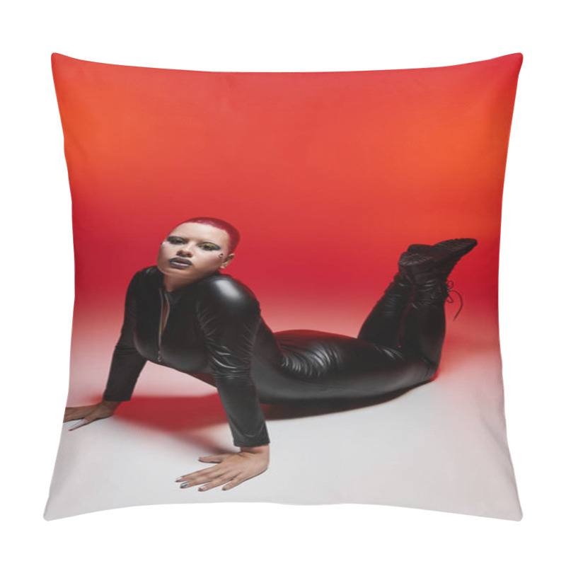 Personality  A Young Woman With Pink Hair And A Nose Piercing Expresses Her Edgy Fashion In A Dramatic Studio Backdrop. Pillow Covers