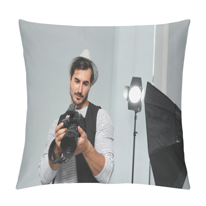 Personality  Professional Photographer With Modern Camera In Studio Pillow Covers