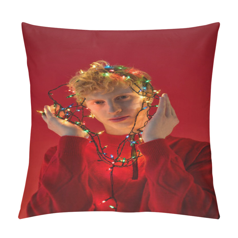 Personality  A Man Showcases His Unique Holiday Fashion By Playfully Entwining Himself In Colorful Christmas Lights. Pillow Covers