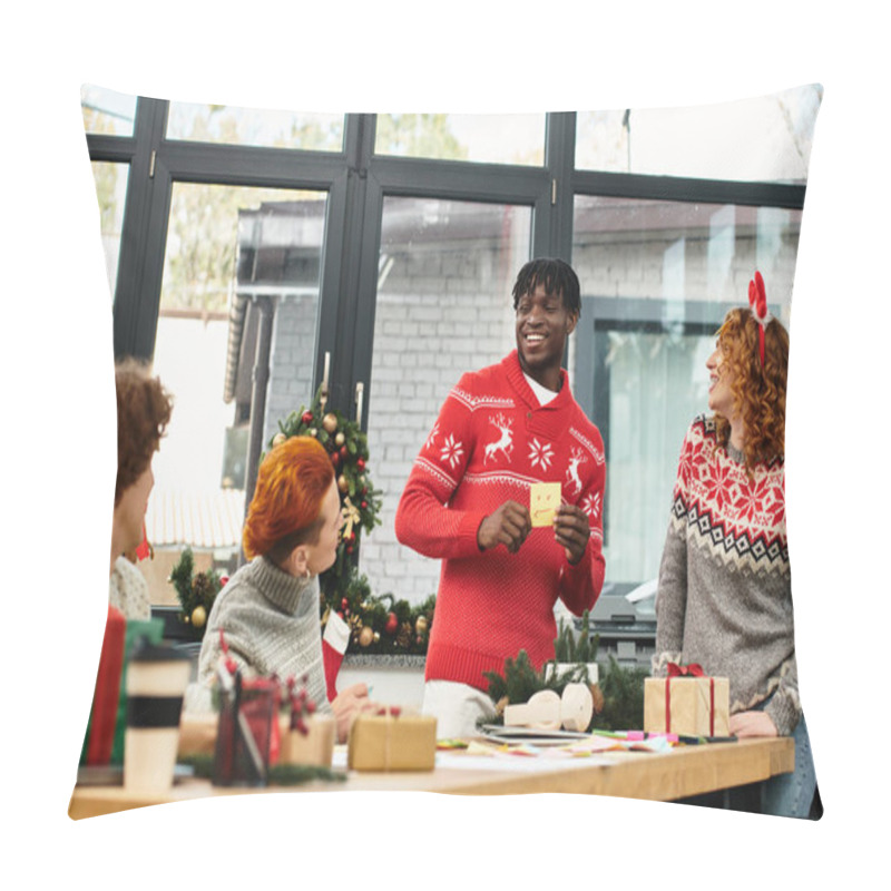 Personality  A Group Of Cheerful Coworkers Shares Holiday Joy And Gifts In An Office Decorated For Christmas. Pillow Covers