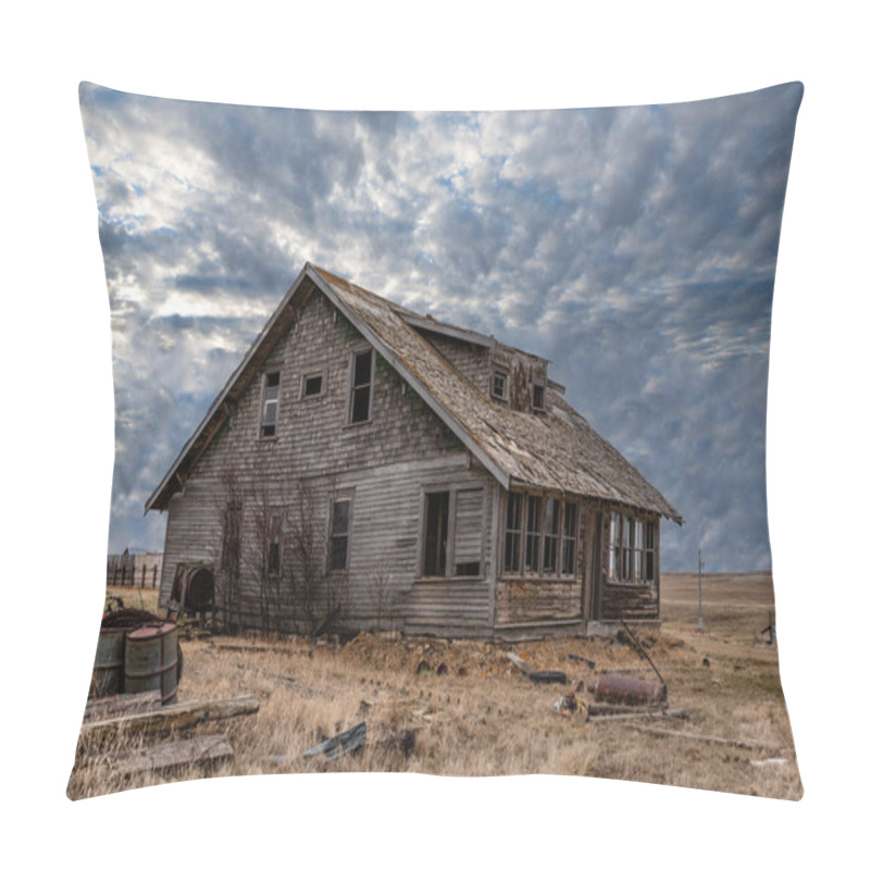 Personality  Blue Sky Over An Old, Abandoned Home Surrounded By Junk On The Prairies Of Saskatchewan  Pillow Covers