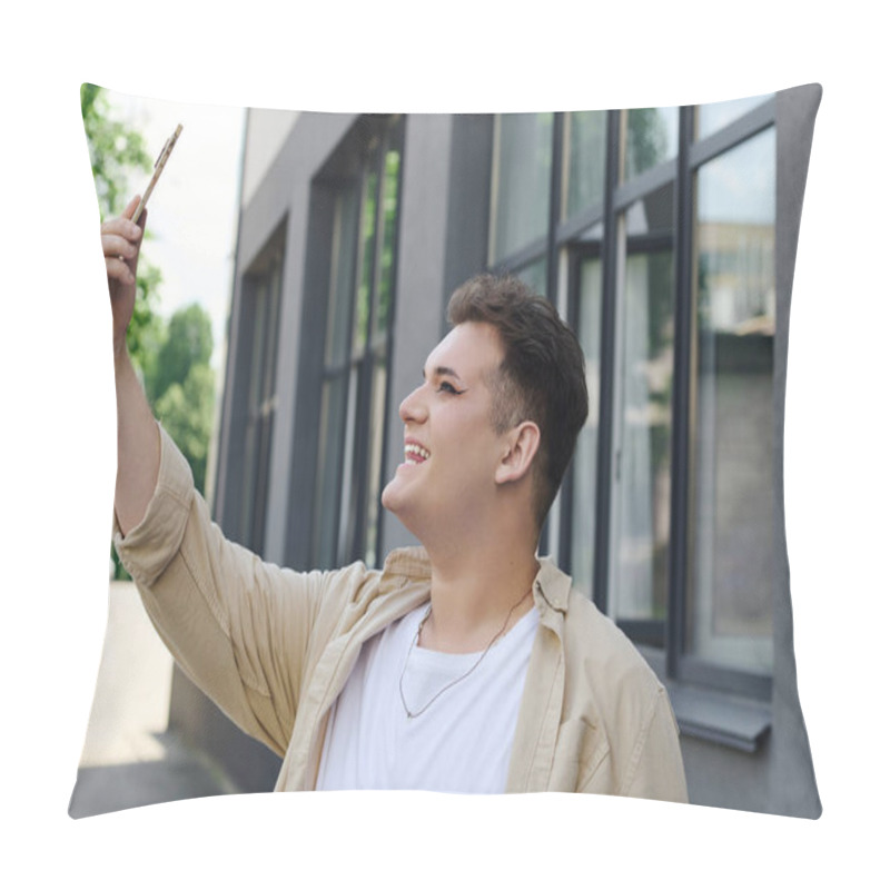 Personality  A Cheerful Person Joyfully Takes A Selfie Outdoors, With Sunlight Illuminating Their Smile. Pillow Covers