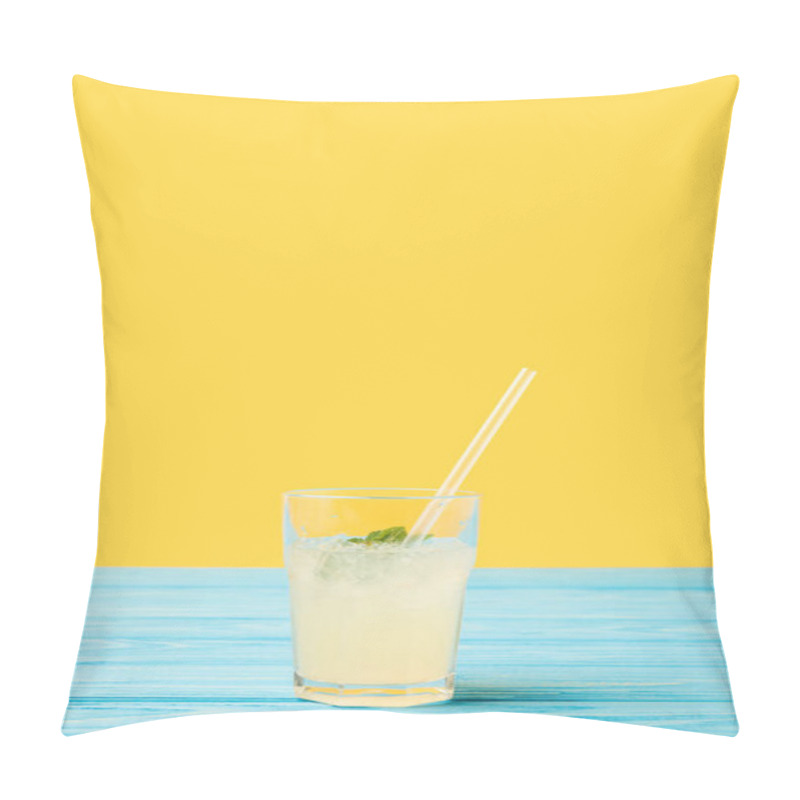 Personality  Fresh Cold Summer Drink In Glass With Drinking Straw On Yellow Pillow Covers