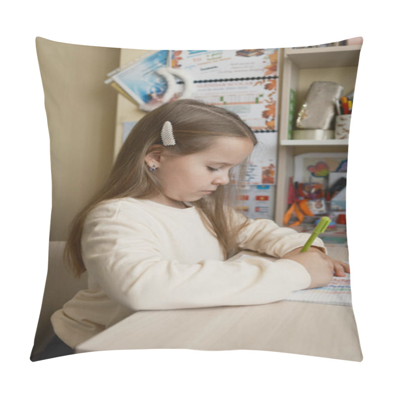 Personality  A Young Girl Sits At A Desk And Writes In A Notebook, Focusing Intently. The Room Is Vibrant And Organized, With Books And Stationery Providing A Creative And Engaging Environment For Learning. Pillow Covers