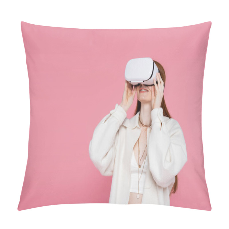 Personality  Smiling Red Haired Woman In Jacket And Necklaces Gaming In Vr Headset Isolated On Pink  Pillow Covers