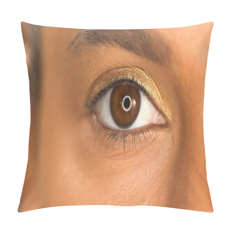 Personality  Cropped View Of African American Woman With Brown Eye And Golden Eye Shadow Pillow Covers