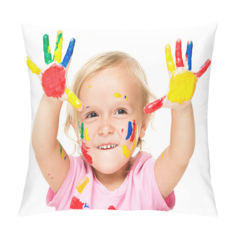 Personality  Portrait Of A Cute Little Girl Playing With Paints Pillow Covers