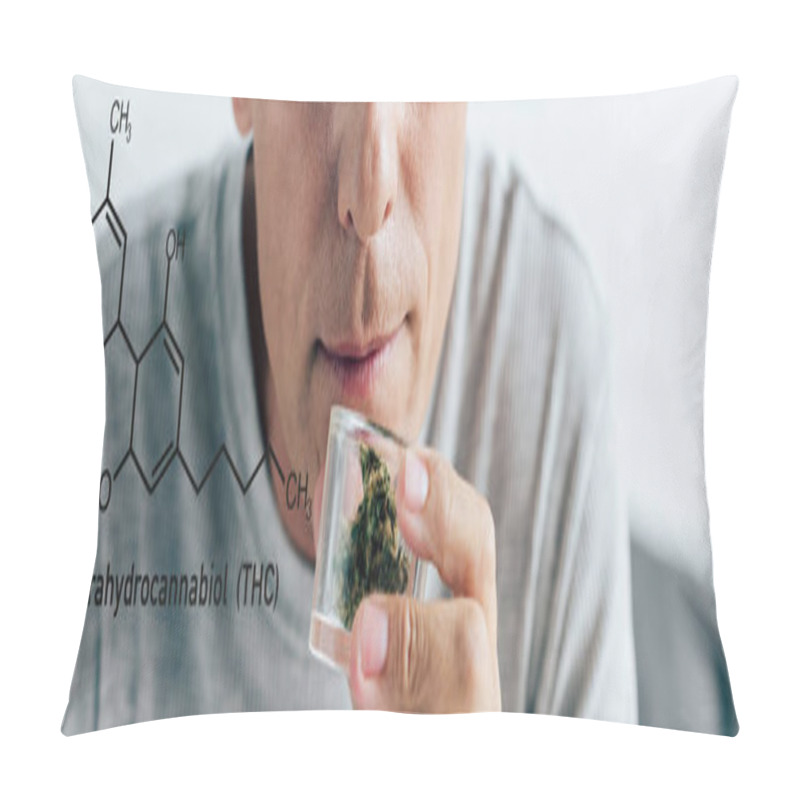 Personality  Cropped View Of Man In T-shirt Holding Medical Cannabis In Glass Container, Panoramic Shot With Thc Molecule Illustration Pillow Covers