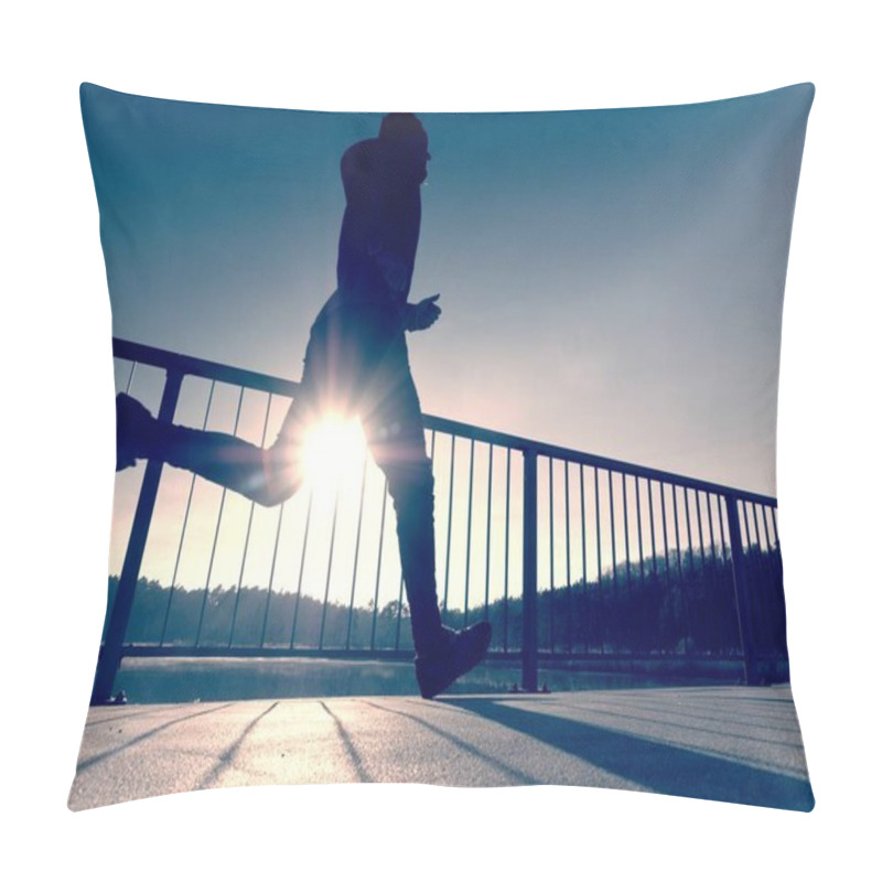 Personality  Rear View To Runner In Blue T-shirt And Black Leggings  Running On Bridge. Outdoor Exercising Pillow Covers