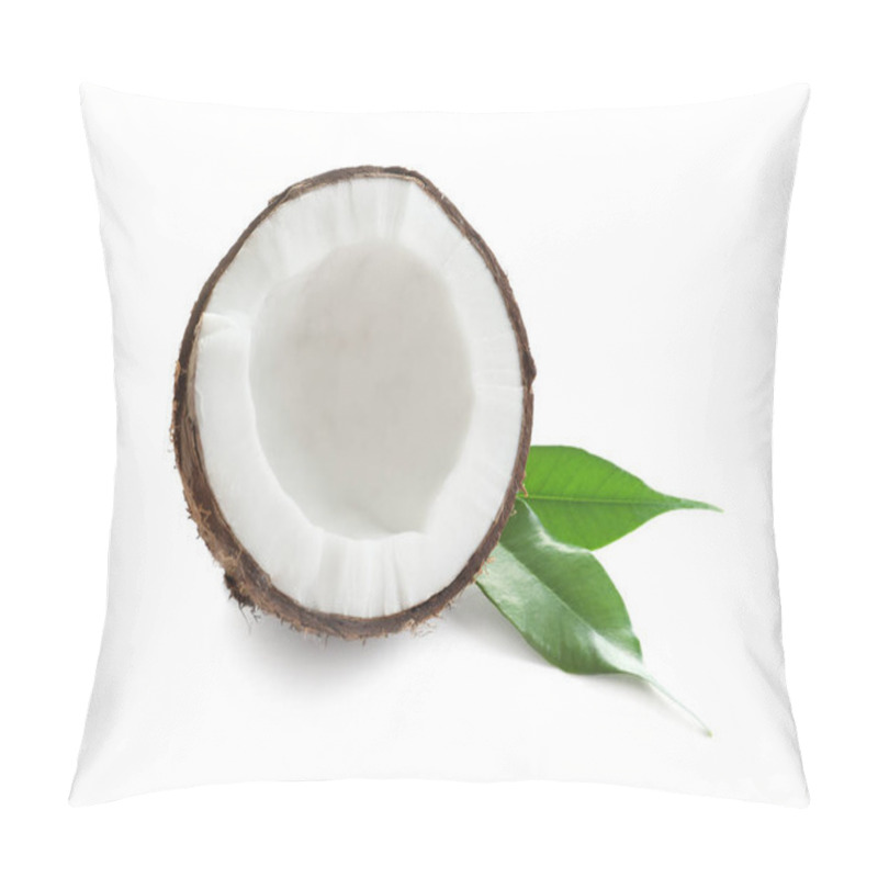 Personality  Half Of Coconut With Leaves On White Background Pillow Covers