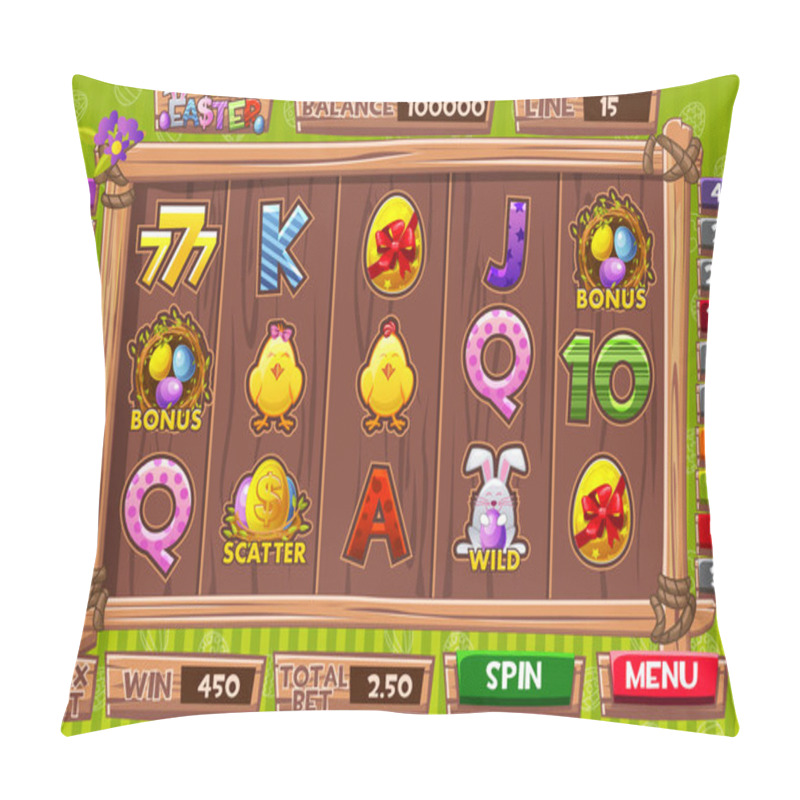 Personality  Complete Menu Of Graphical User Interface And And Full Set Of Buttons And Icons For Classic Casino Games Creation. Vector Interface Slot Machine In Cartoon Wooden Style For Easter Holiday. Pillow Covers