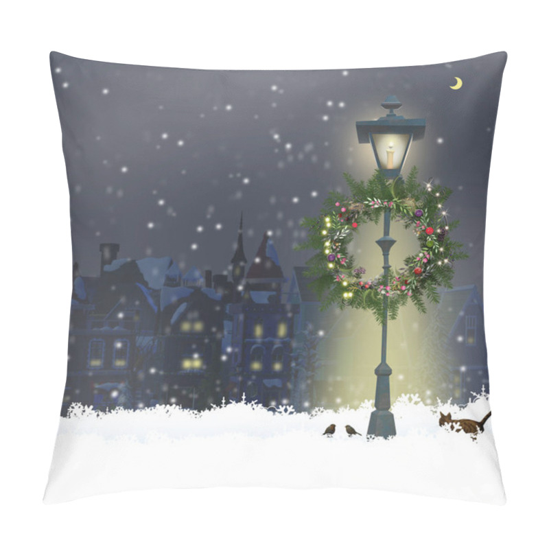 Personality  Christmas Magic Night With Old Cityscape, Snow, Street Lights, Floral Wreath In 3D Illustration, Design For Christmas New Year Card. Pillow Covers