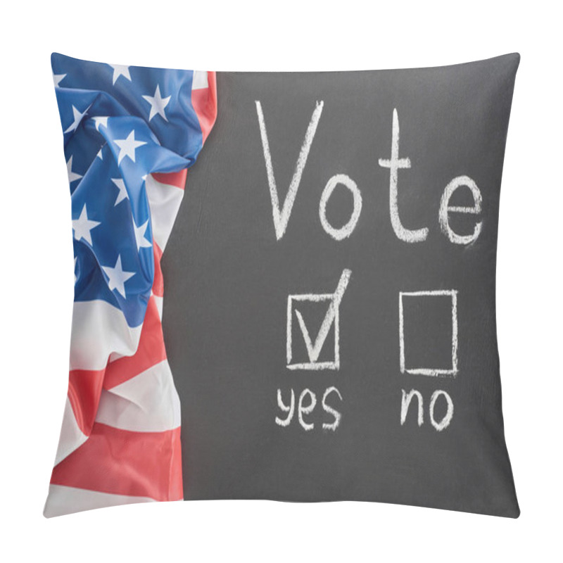 Personality  Top View Of Vote Lettering And Check Mark Near Yes Word On Black Chalkboard Near American Flag Pillow Covers