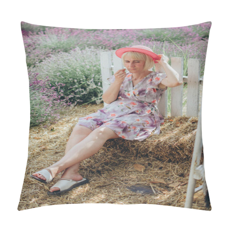 Personality  Blonde Woman In A Summer Floral Dress Sitting On Hay Bales In A Lavender Field And A Pink Straw Hat Pillow Covers