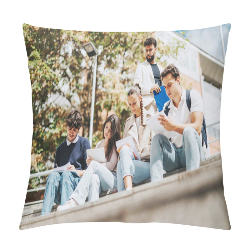 Personality  A Group Of High School Students Is Studying Together Outdoors, Receiving Assistance From Their Professor. The Collaborative Environment Promotes Learning And Engagement Among The Diverse Group Of Pillow Covers