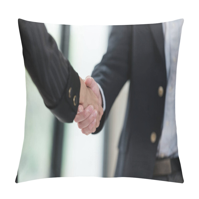 Personality  Two People Shaking Hands In A Business Setting. The Man On The Right Is Wearing A Suit Jacket And The Woman Is Wearing A Suit Jacket And A Tie Pillow Covers