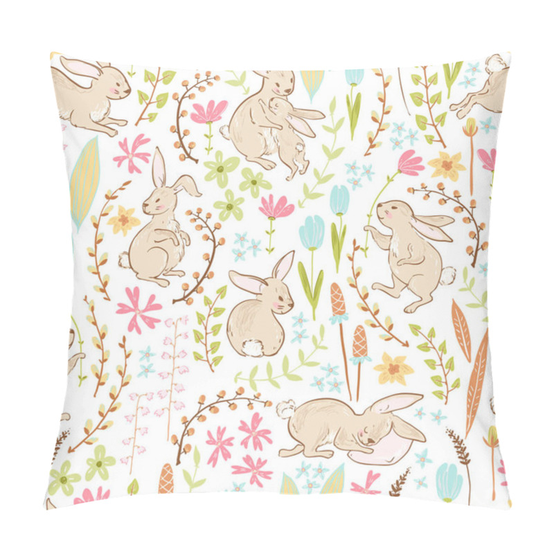 Personality  Easter Seamless Pattern With Cartoon Cute Bunnies And Flowers With Branches In Pastel Colors, Vector, Illustration Pillow Covers