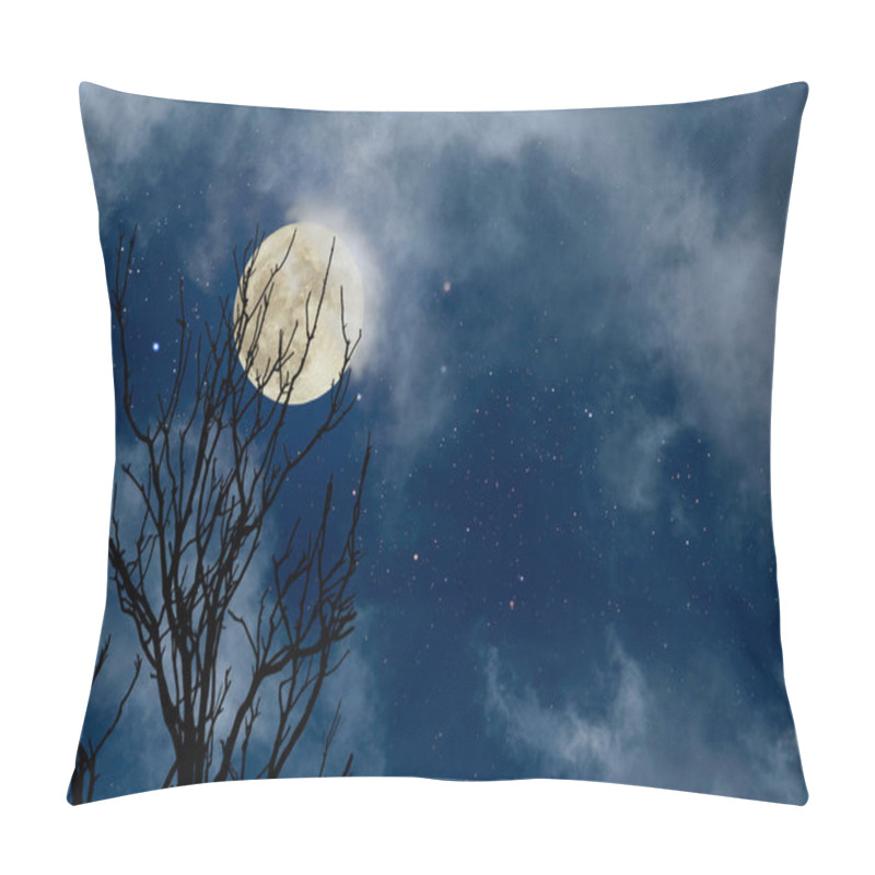 Personality  Full Moon Night Sky With Stars And Some Clouds With A Bare Tree In The Foreground Pillow Covers