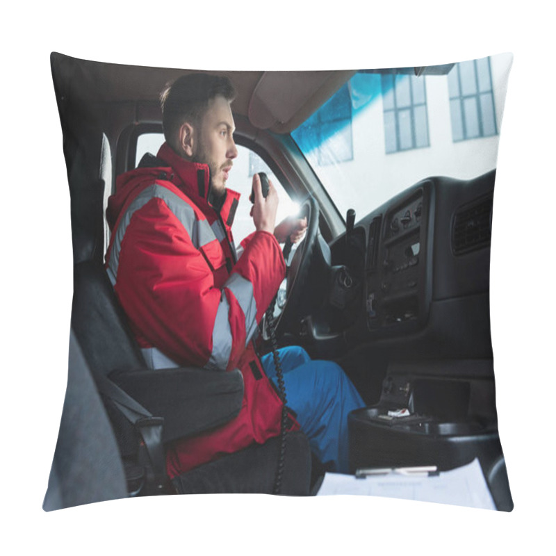 Personality  Young Handsome Male Paramedic Talking By Portable Radio Pillow Covers