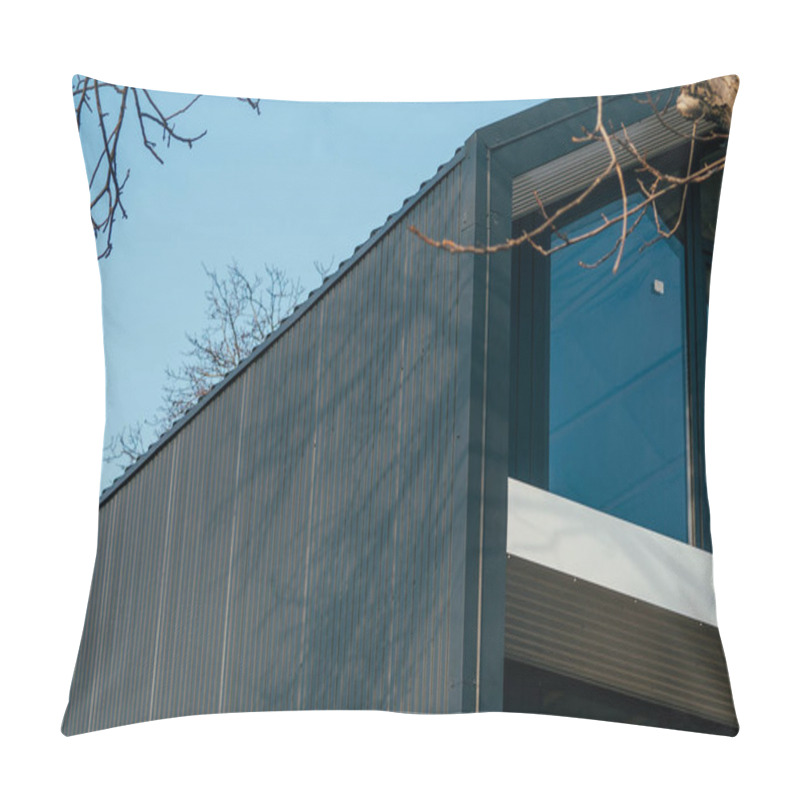 Personality  Contemporary Black Exterior Of A Modern Building Against A Clear Blue Sky. Pillow Covers