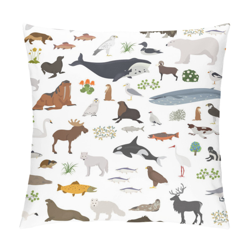 Personality  Tundra Biome. Terrestrial Ecosystem World Map. Arctic Animals, Birds, Fish And Plants Seamless Pattern Design. Vector Illustration Pillow Covers