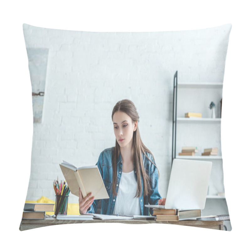 Personality  Concentrated Girl Reading Book And Using Laptop While Studying At Home Pillow Covers