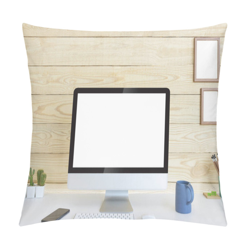 Personality  Computer With Blank White Copy Space For Text And Wood Background, Mockup Design Desktop Computer In Office On White Table With Keyboard And Coffee Cub, Work Place Concept, Cactus In Pot. Pillow Covers