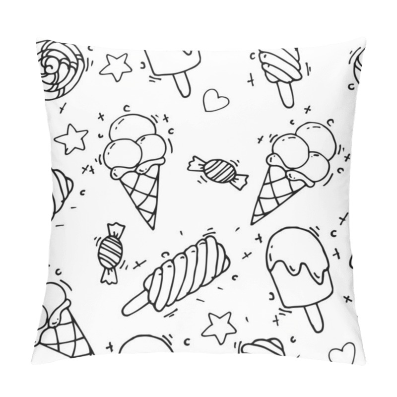 Personality  Stock Illustration, Seamless Pattern. Cute Illustrations With Ice Cream And Sweets In The Style Of Doodle, Flat, Kartoon. Line Drawings Isolated On White Background. Theme Of Summer Holidays. Pillow Covers