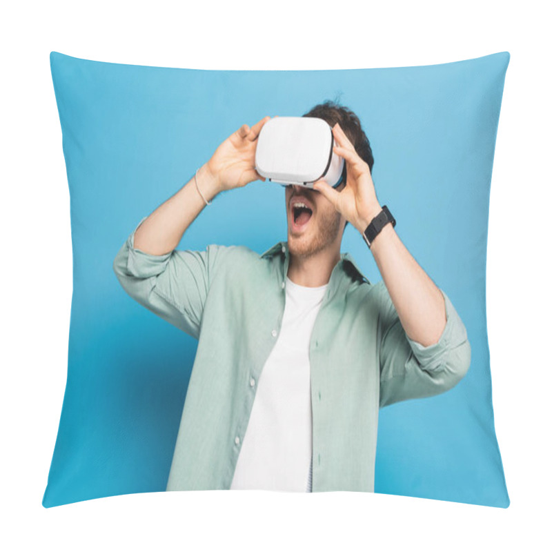 Personality  Excited Young Man Using Vr Headset On Blue Pillow Covers