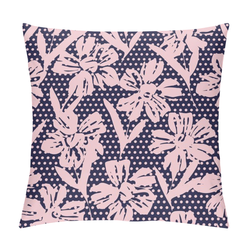 Personality  Pink Navy Floral Tropical Botanical Seamless Pattern With Dotted Background For Fashion Textiles And Graphics Pillow Covers