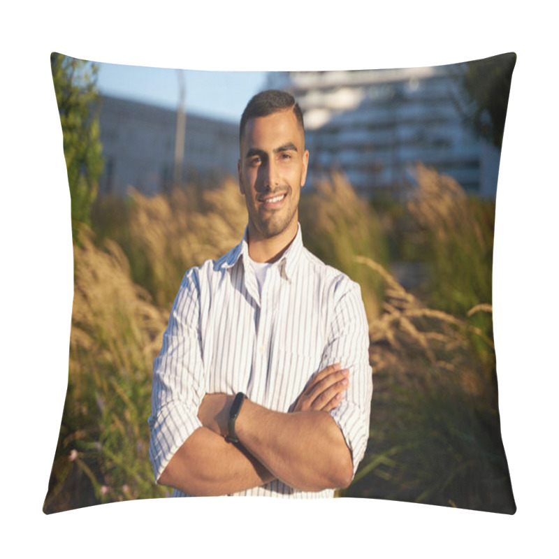 Personality  Young Smiling Middle Eastern Man With Arm Crossed  Wearing Stylish Shirt Looking At Camera Standing In Park  Pillow Covers