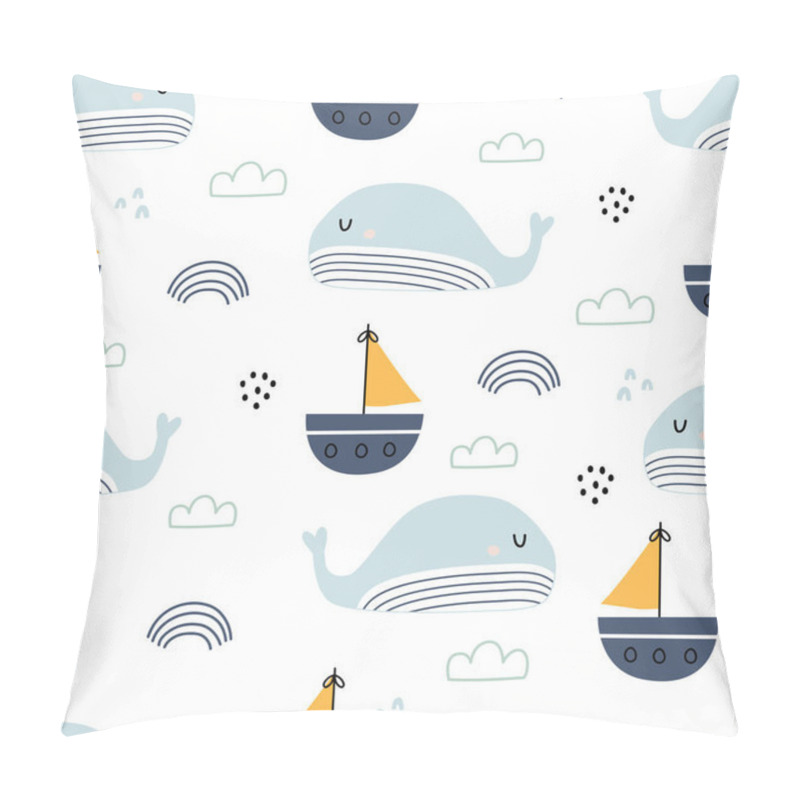 Personality  Sea Background Seamless Pattern With Whales With Sailboats Hand Drawn Cute Cartoon Animal Characters Designs For Prints, Backgrounds, Wallpapers, Children's Clothing, Textiles, Vector Illustration Pillow Covers