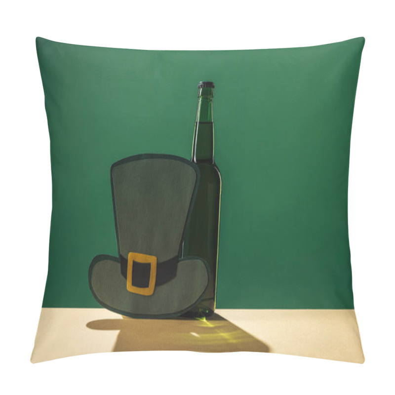 Personality  Beer Bottles And Paper Hat Isolated On Green, St Patrick Day Concept Pillow Covers