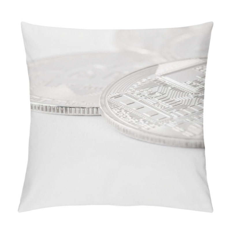 Personality  Close-up Shot Of Pile Of Silver Bitcoins On White Tabletop Pillow Covers