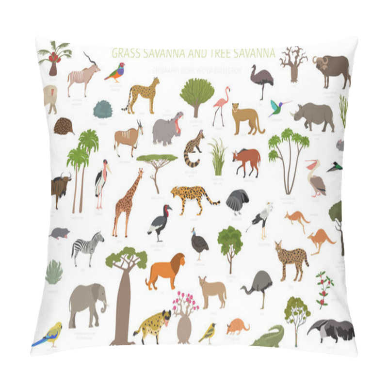 Personality  Tree Savanna And Grass Savanna Biome, Natural Region Infographic. Woodland And Grassland Savannah, Prarie, Pampa. Animals, Birds And Vegetations Ecosystem Design Set. Vector Illustration Pillow Covers