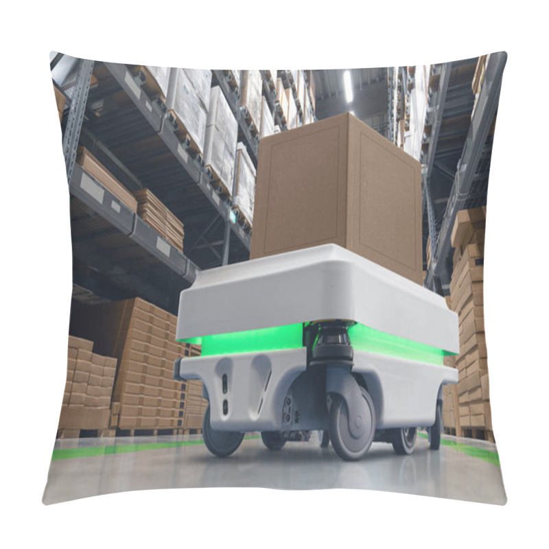 Personality  Mobile Robot Transporting A Box In A Warehouse. Concept  Pillow Covers