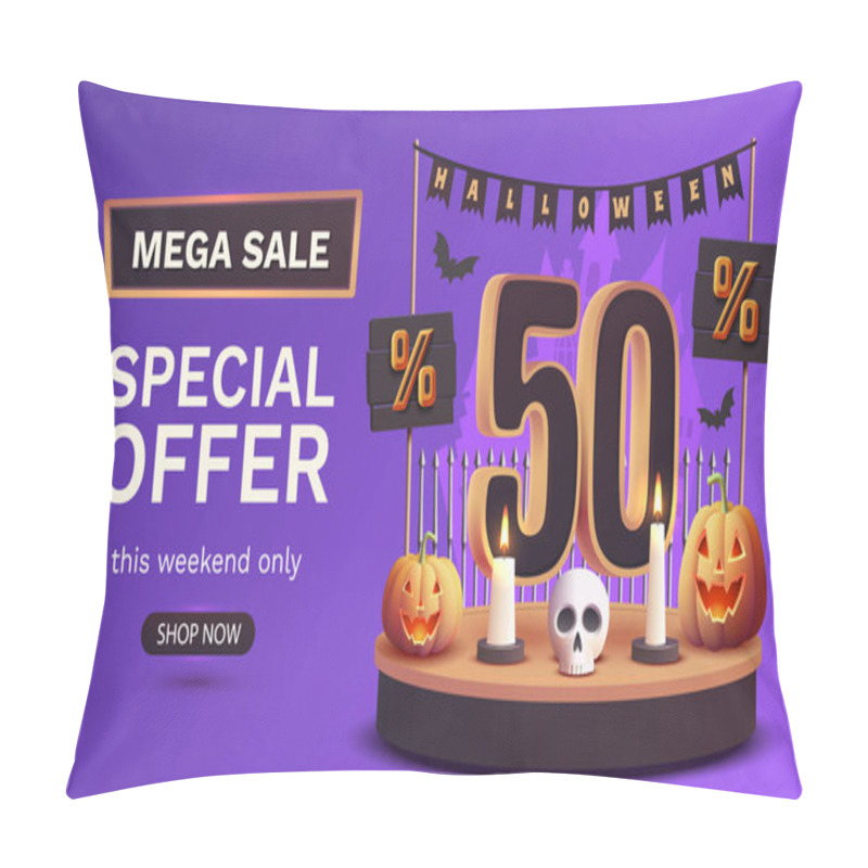 Personality  50 Percents Off. Halloween Sale Banner Template. Podium And Numbers With Amount Of Discount. Special October Offer. Vector Pillow Covers