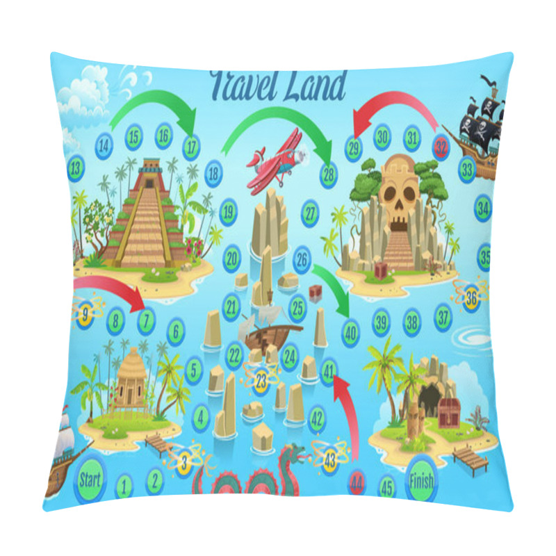 Personality  Tropics Game Board  Or Children. Ship Trip For Treasure. Vector Illustration.Age 3-72-4 PlayersFascinating Pirate Adventure Game For Kids.While Playing Kids Are Going To Quickly Learn Num Pillow Covers