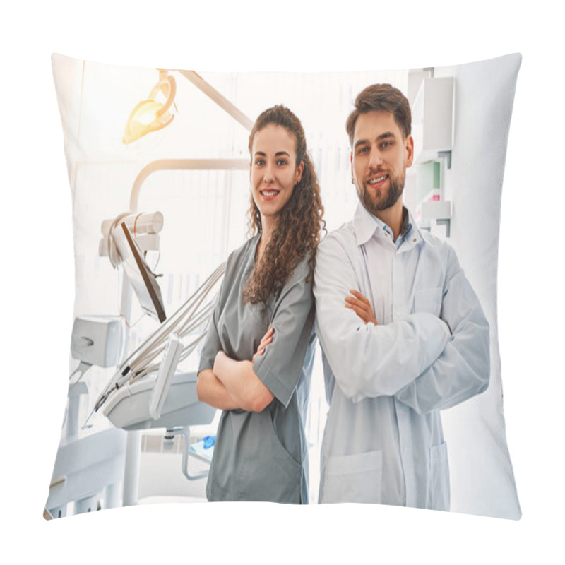 Personality  A Team Of Doctors In A Dental Office Standing Back To Back And Looking At The Camera And Smiling. The Work And Leisure Of Doctors. In The Background, A Dental Chair And Equipment. Copy Space.Sunlight.                                Pillow Covers