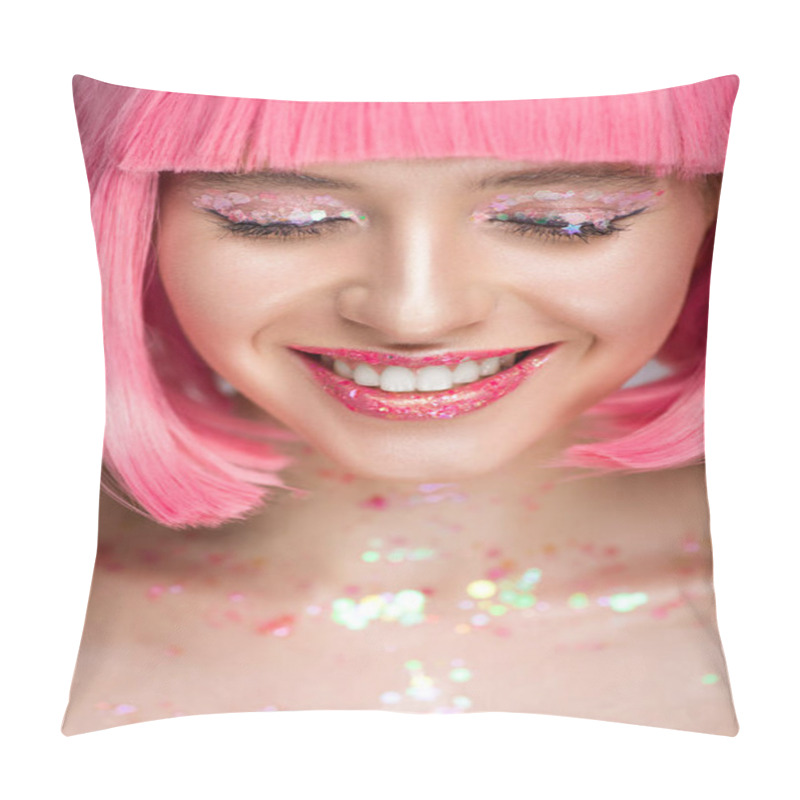 Personality  Smiling Attractive Woman With Pink Hair And Glitter On Face Pillow Covers