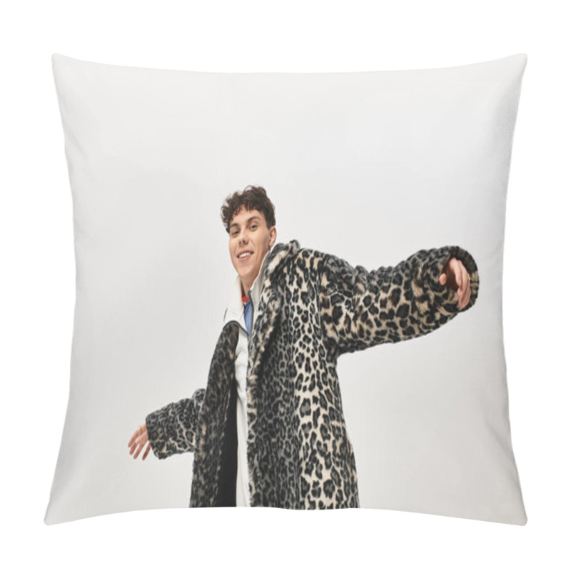 Personality  A Stylish Man Poses Joyfully In A Trendy Leopard Print Coat In A Modern Setting. Pillow Covers