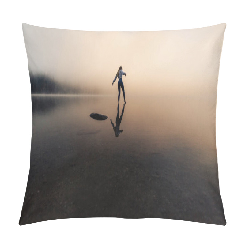 Personality  Young Woman With Reflection Standing In The Foggy Lake Near The Wilderness Forest.  Pillow Covers