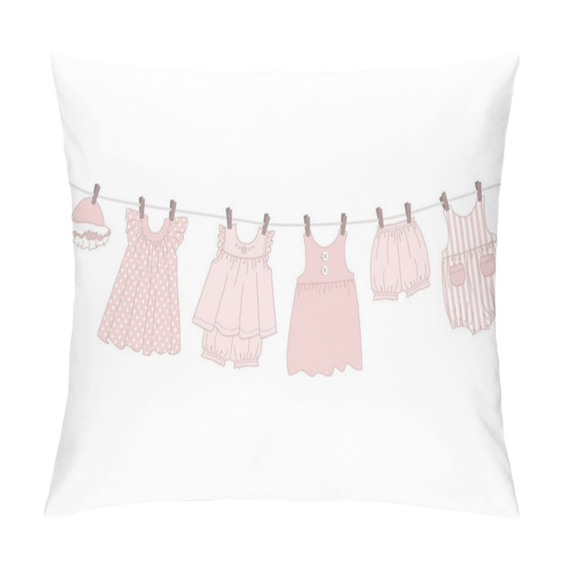 Personality  Baby Clothes Hang On The Clothesline. Things Are Dried On Clothespins After Washing. Vector Illustration In Pink Colors Pillow Covers