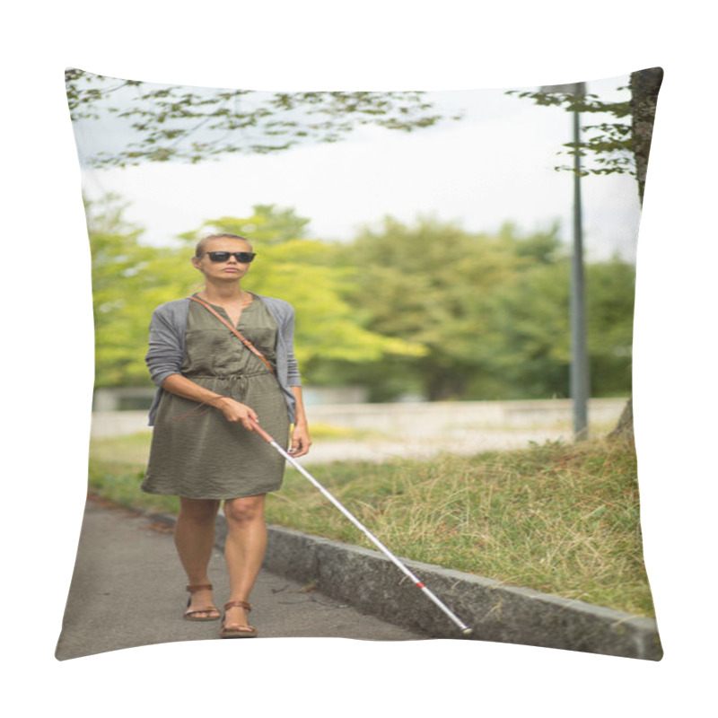 Personality  Blind Woman Walking On City Streets, Using Her White Cane To Navigate The Urban Space Better And To Get To Her Destination Safely Pillow Covers