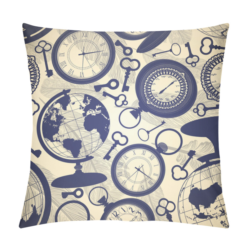 Personality  Seamless Retro Background With Globes, Keys And Watches Pillow Covers